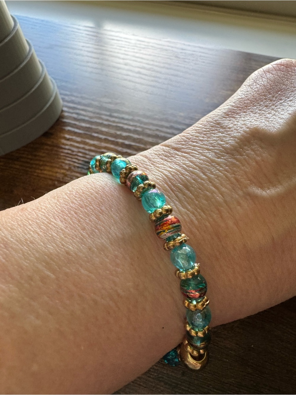 Gold and Teal Beaded Stretch Bracelet - Women Jewelry